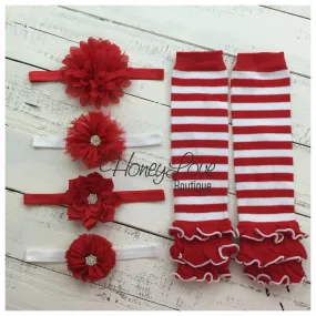 Red and White Stripe leg warmers and choice of red flower headband