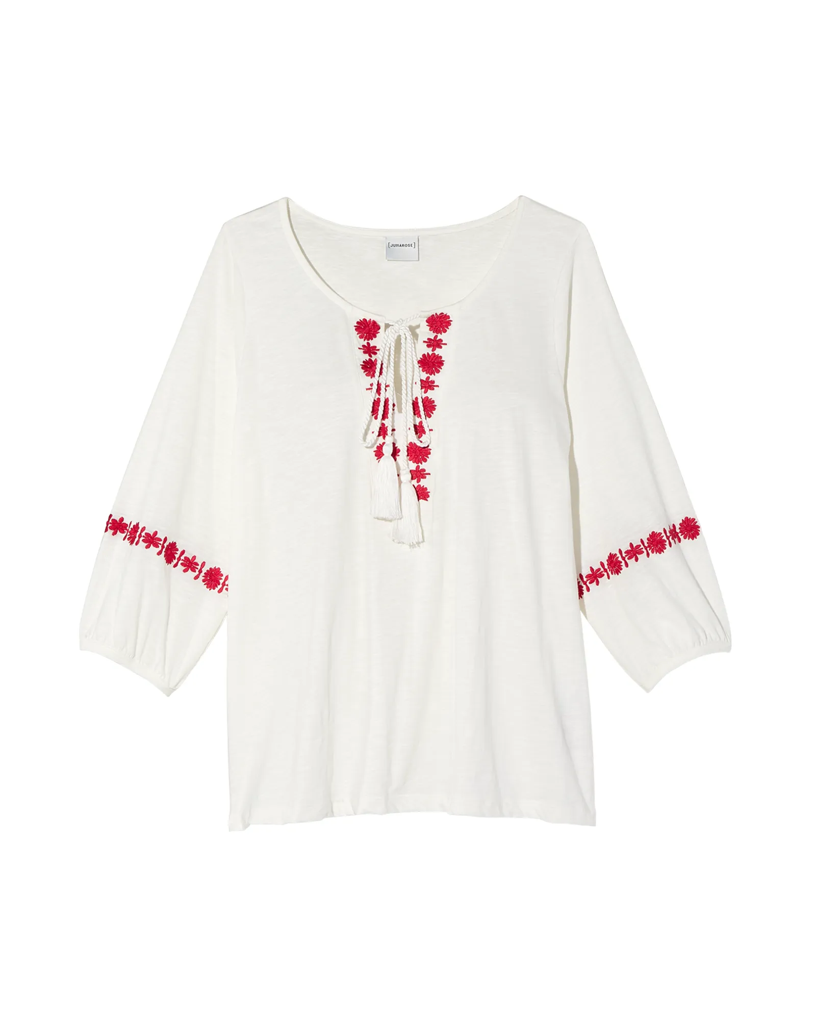 Sacha 3/4 Sleeve Cotton Peasant Blouse | White / Red