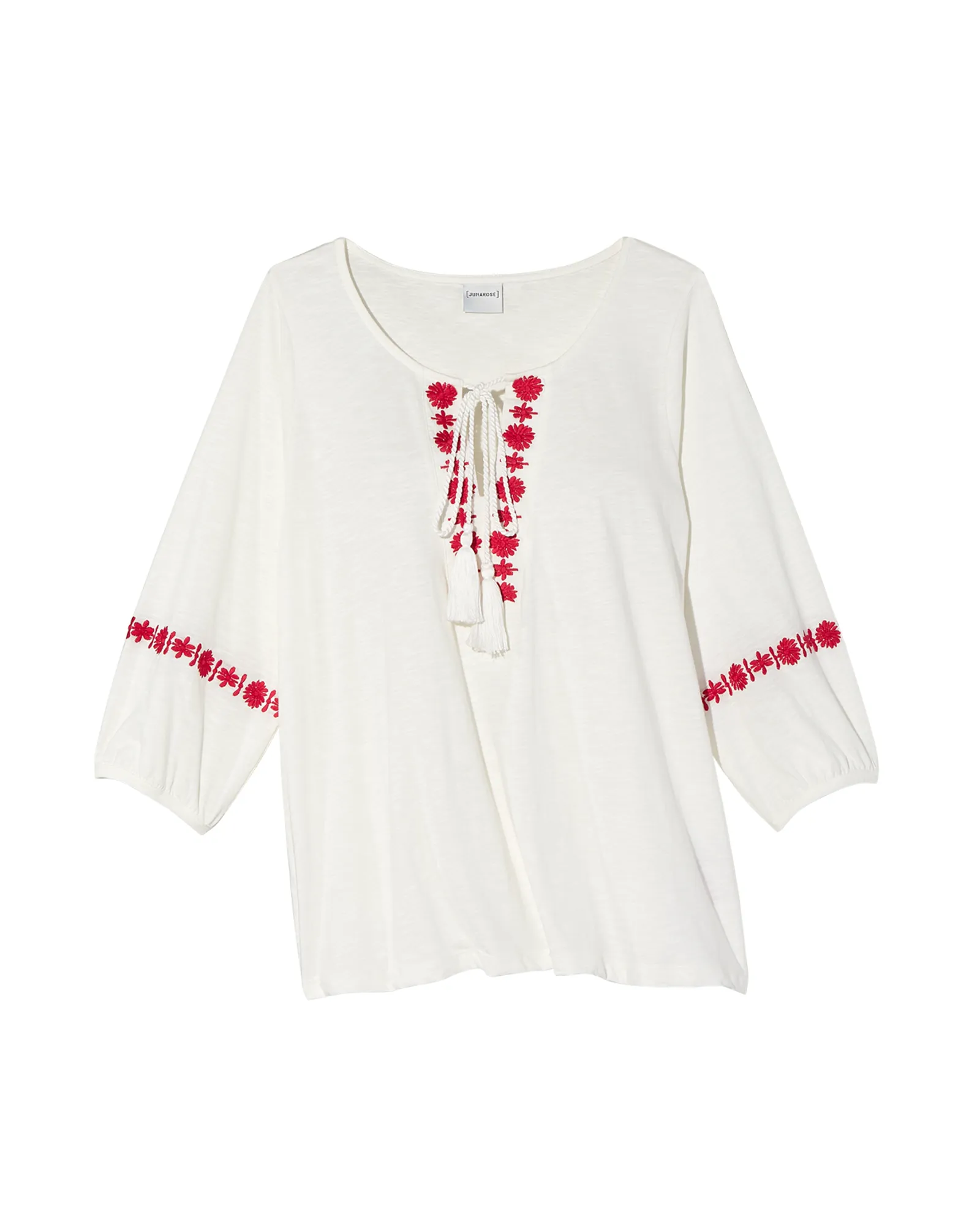 Sacha 3/4 Sleeve Cotton Peasant Blouse | White / Red