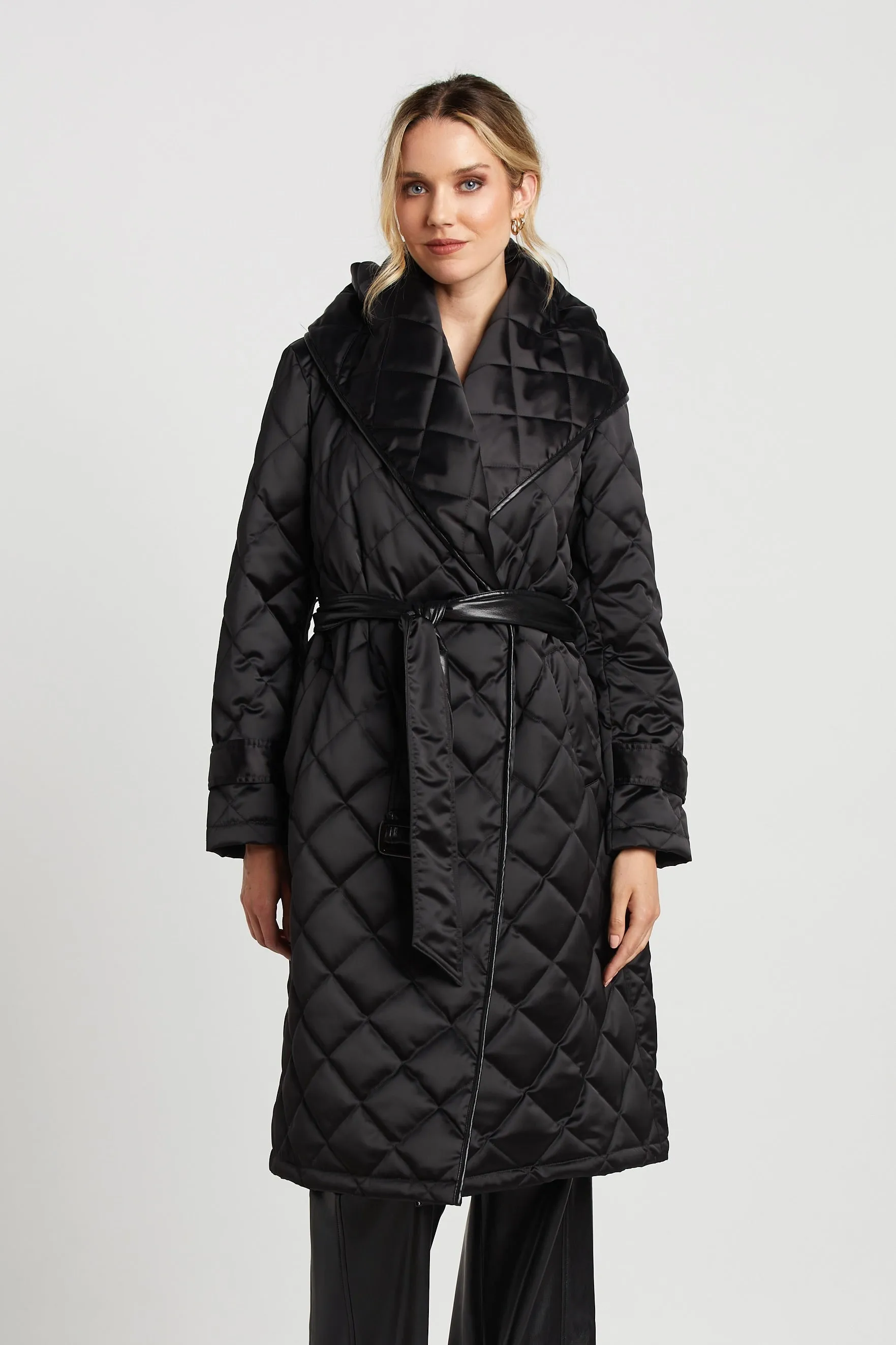 Salem Long Hooded Down Quilted Wrap Coat w/ Vegan Leather Trim