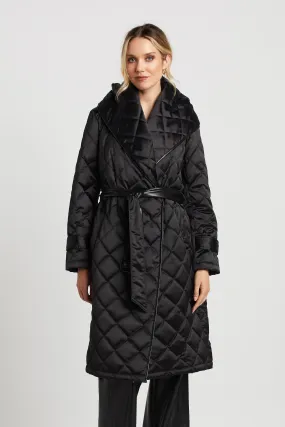 Salem Long Hooded Down Quilted Wrap Coat w/ Vegan Leather Trim