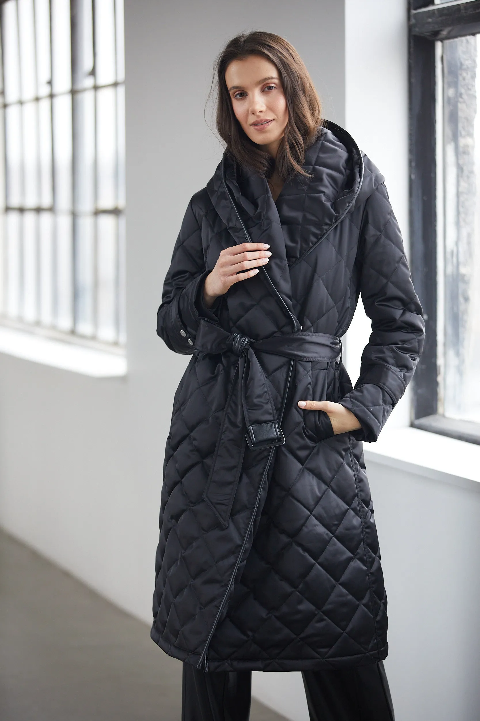 Salem Long Hooded Down Quilted Wrap Coat w/ Vegan Leather Trim