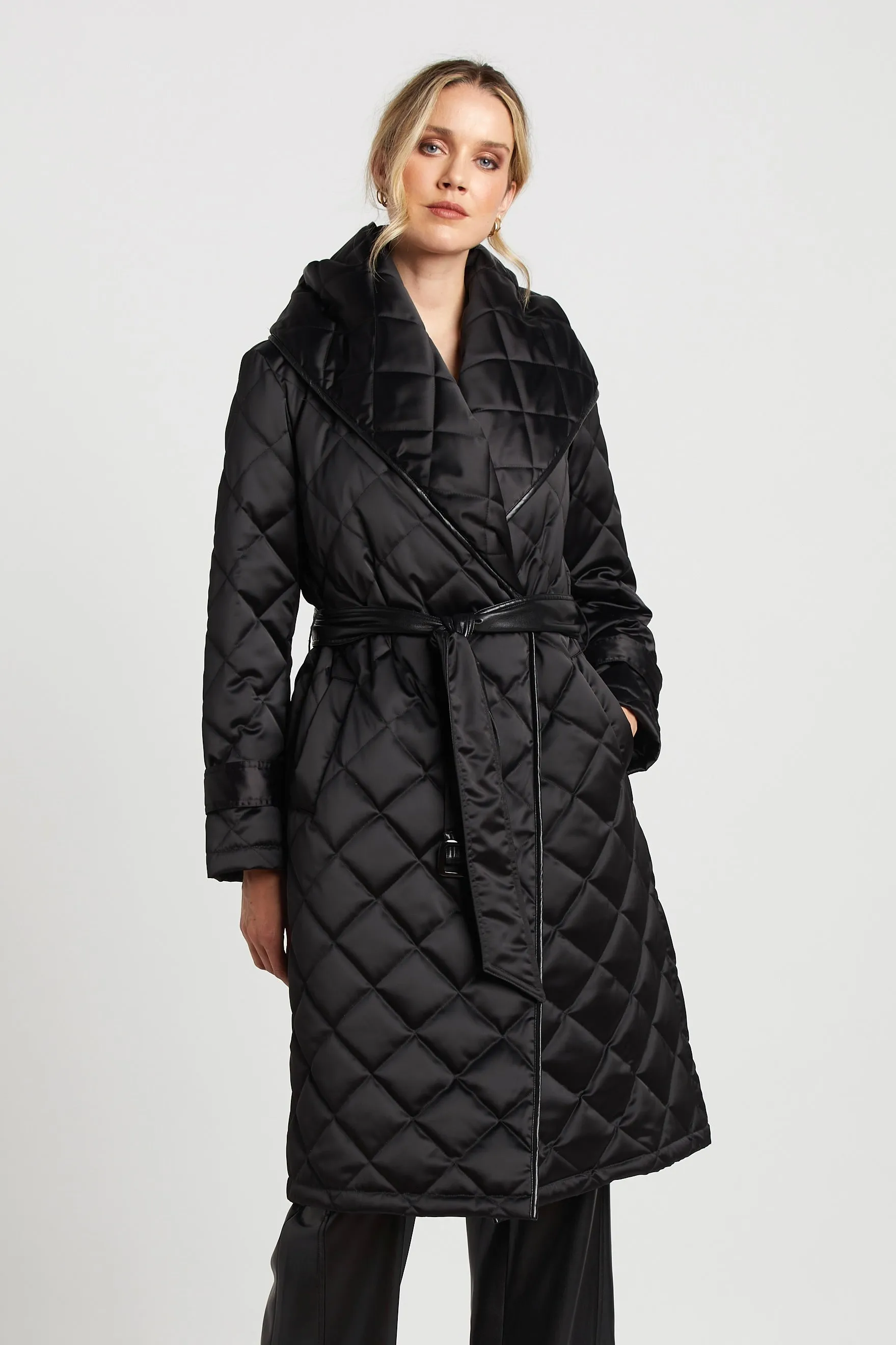 Salem Long Hooded Down Quilted Wrap Coat w/ Vegan Leather Trim