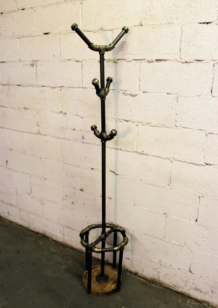 San Antonio Industrial Vintage  3-tier Pipe Coat Rack With Umbrella Holder & Six Hooks  Metal And Reclaimed/aged Wood Finish