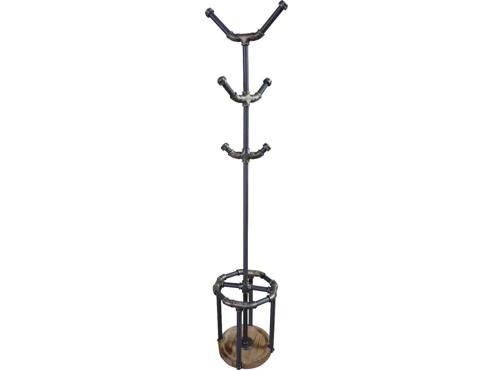 San Antonio Industrial Vintage  3-tier Pipe Coat Rack With Umbrella Holder & Six Hooks  Metal And Reclaimed/aged Wood Finish