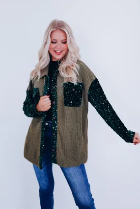 Sasha Sequin Accent Shacket - Olive