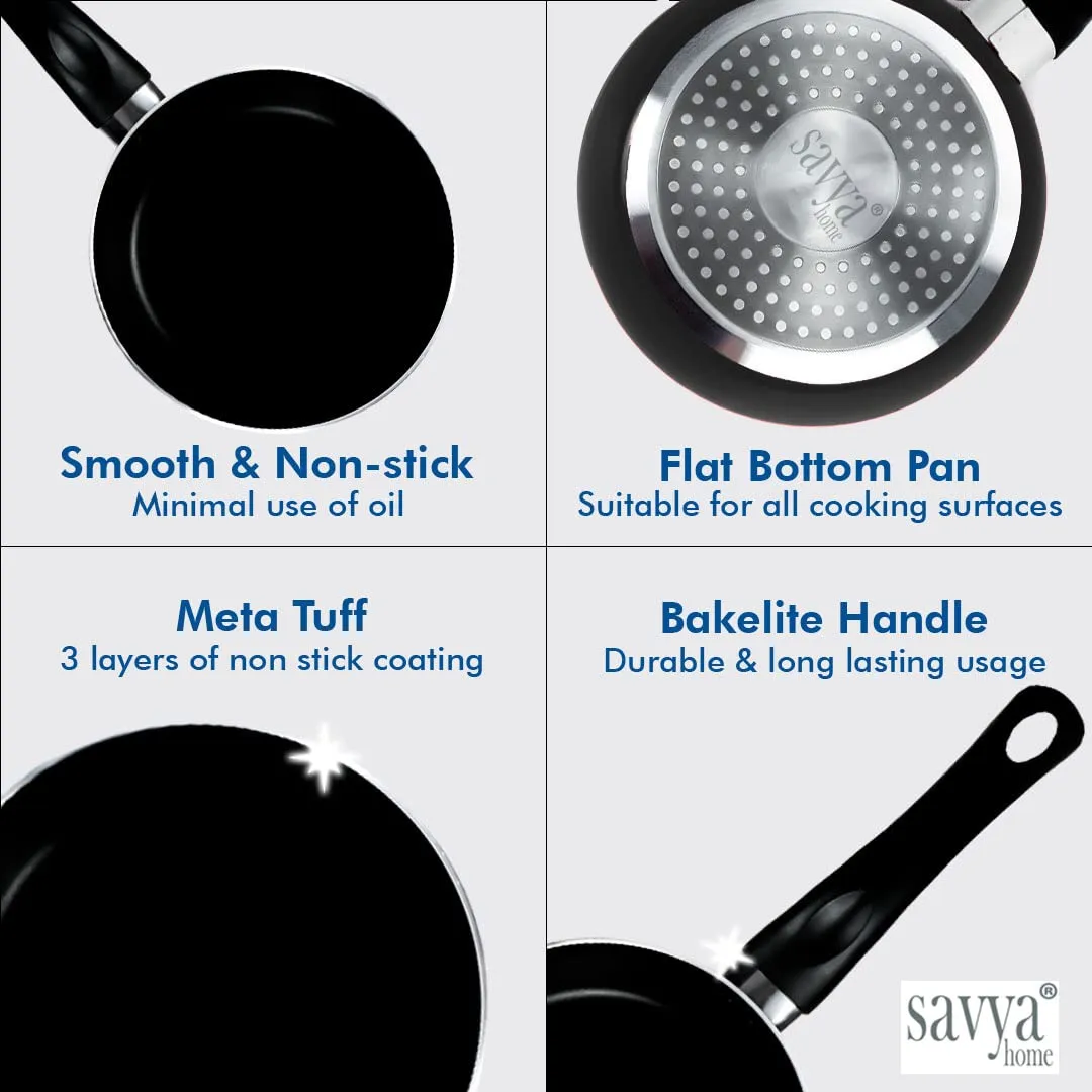 SAVYA HOME Non Stick Frying Pan | 22 cm | Stove & Induction Cookware | Minimal Oil Cooking | Easy Grip Handle | 3 Layer Non Stick Coating | Non-Toxic & Lightweight | 2 Year Warranty| Black Colour