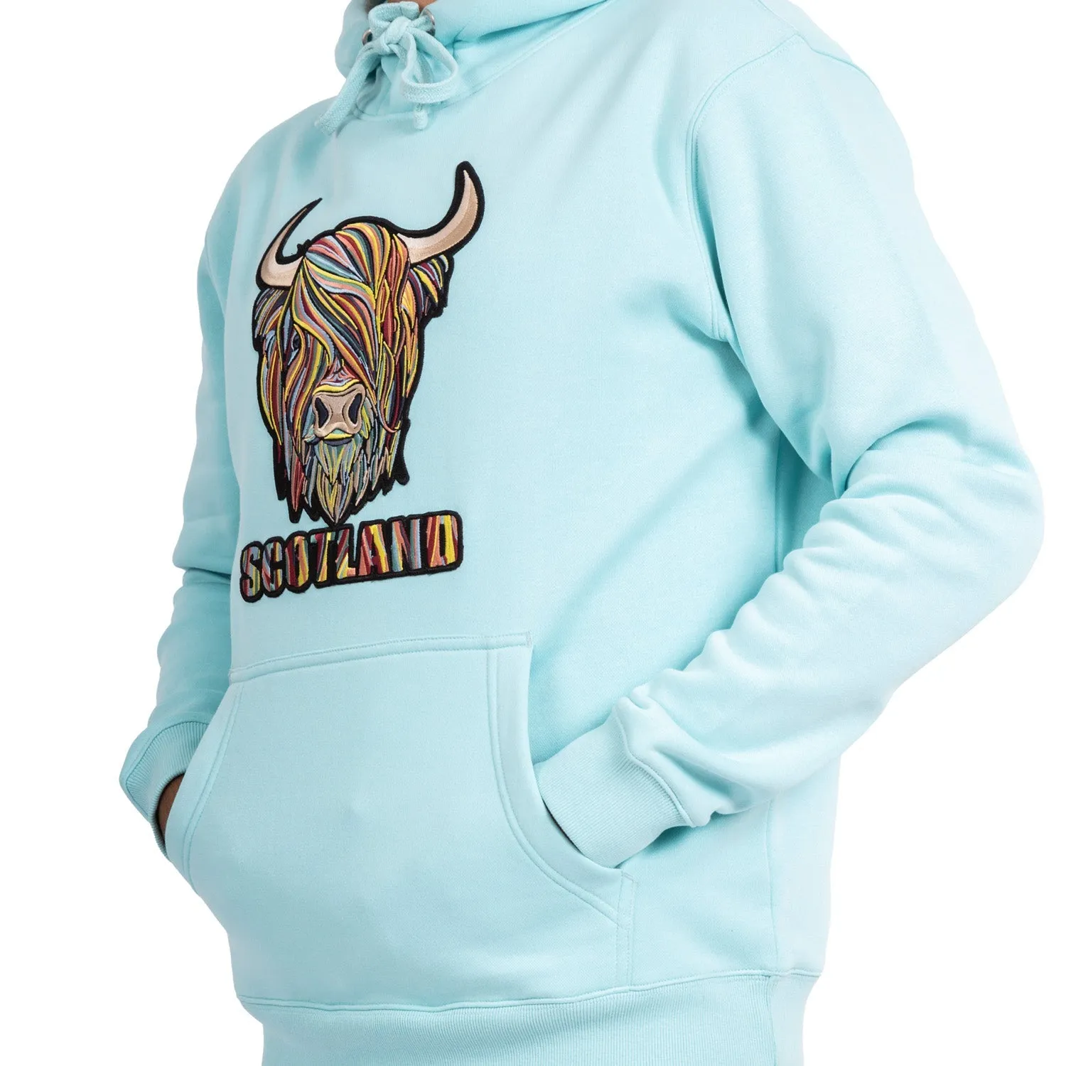 Scotland Colourful Highland Cow Embroidered Hooded Sweatshirt Top Aqua