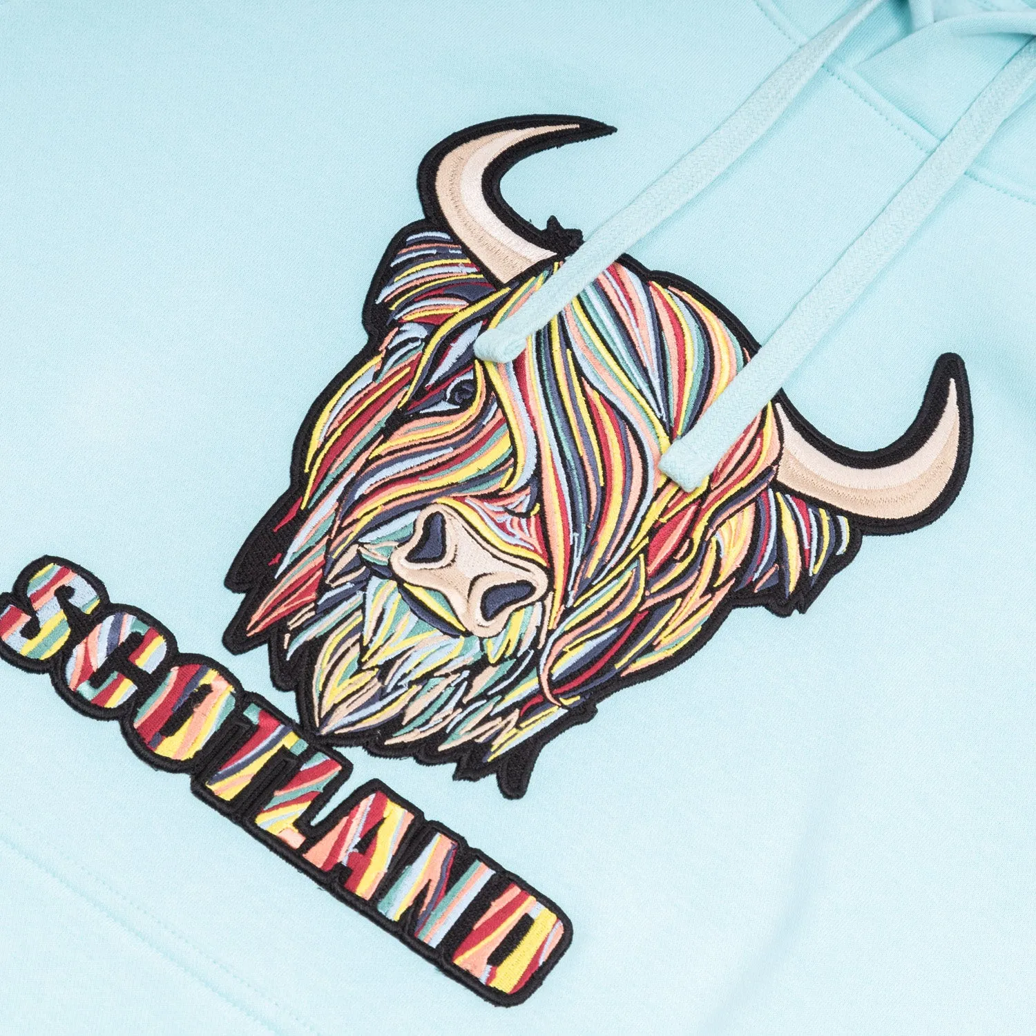 Scotland Colourful Highland Cow Embroidered Hooded Sweatshirt Top Aqua