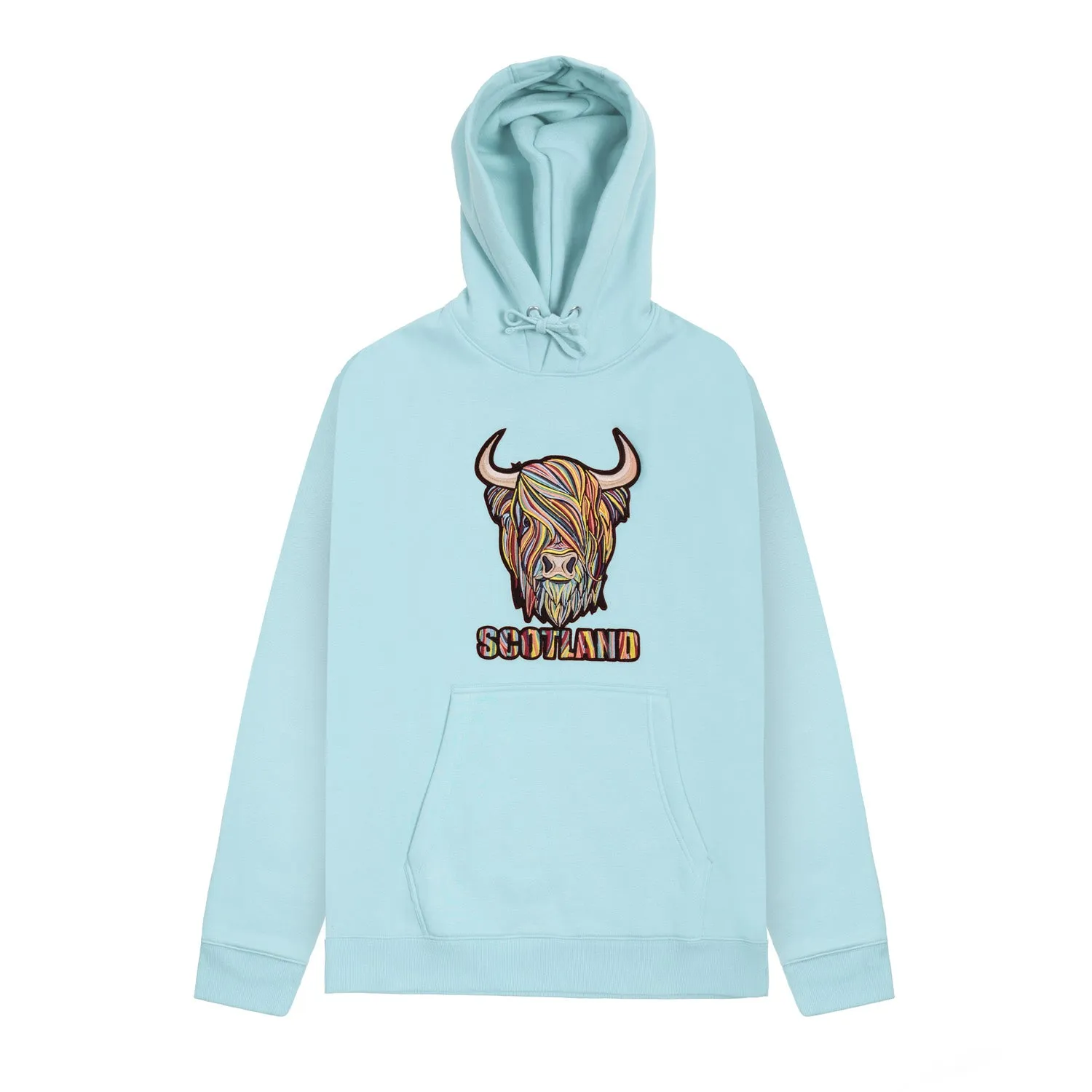 Scotland Colourful Highland Cow Embroidered Hooded Sweatshirt Top Aqua