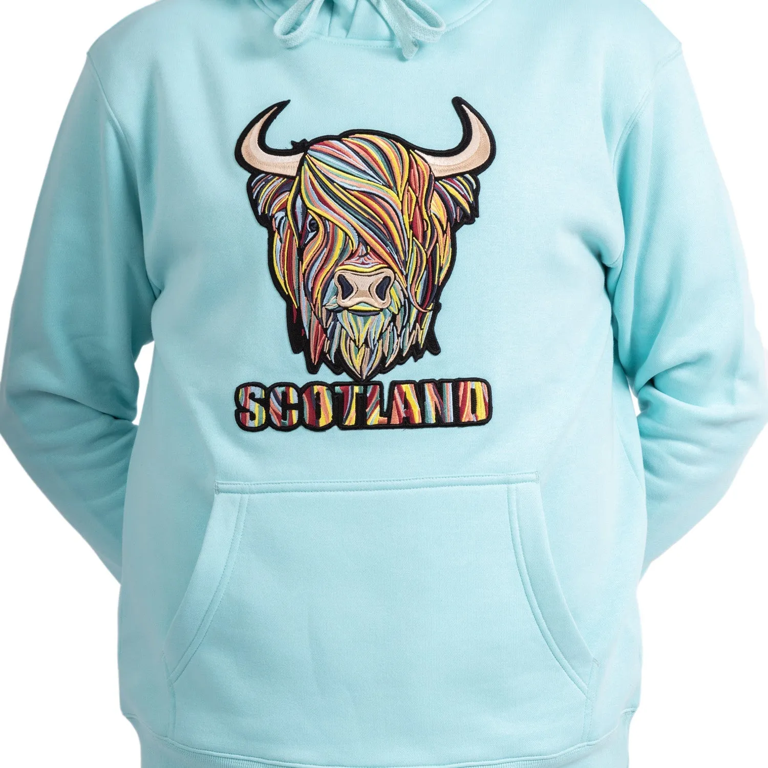 Scotland Colourful Highland Cow Embroidered Hooded Sweatshirt Top Aqua