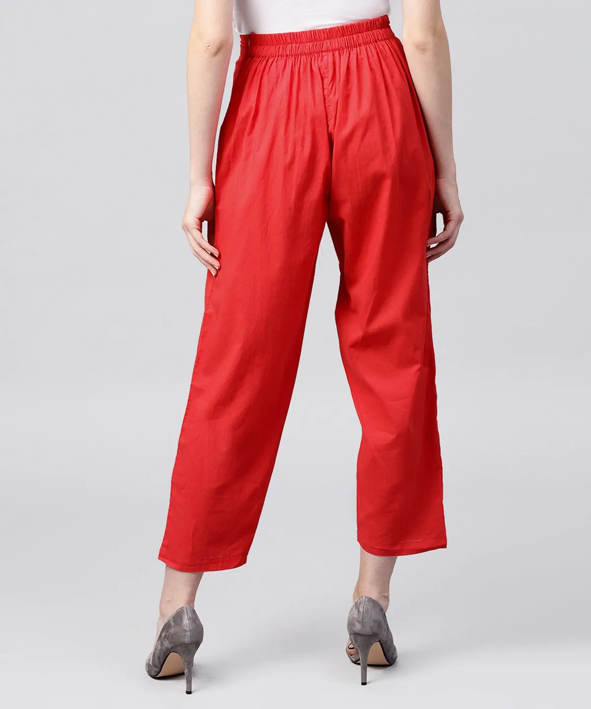 Solid Red Ankle Length Cotton Regular Fit Trouser