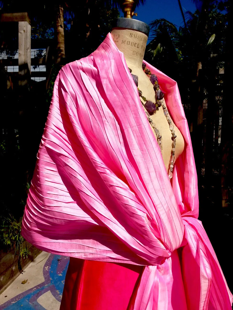 Thai Silk Pintuck Pleated Shawl Candy Pink