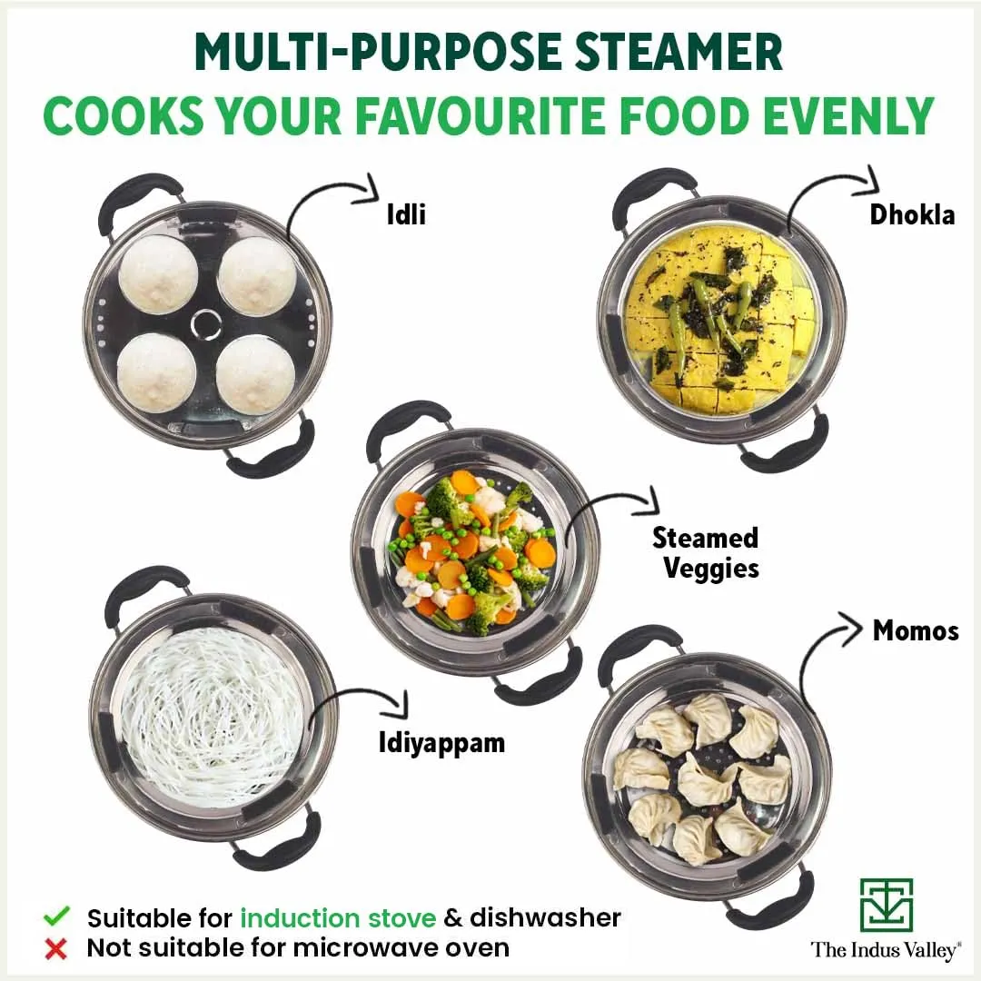 The Indus Valley Stainless Steel Idli/Dhokla/Momo Maker/Multi Pot/Steaming Set | Small, 5 Plates, 23cm/9 inch, 3Ltr, 1.7kg | Nonstick 3-Layer Bottom | Induction friendly, 100% Pure & Toxin-free