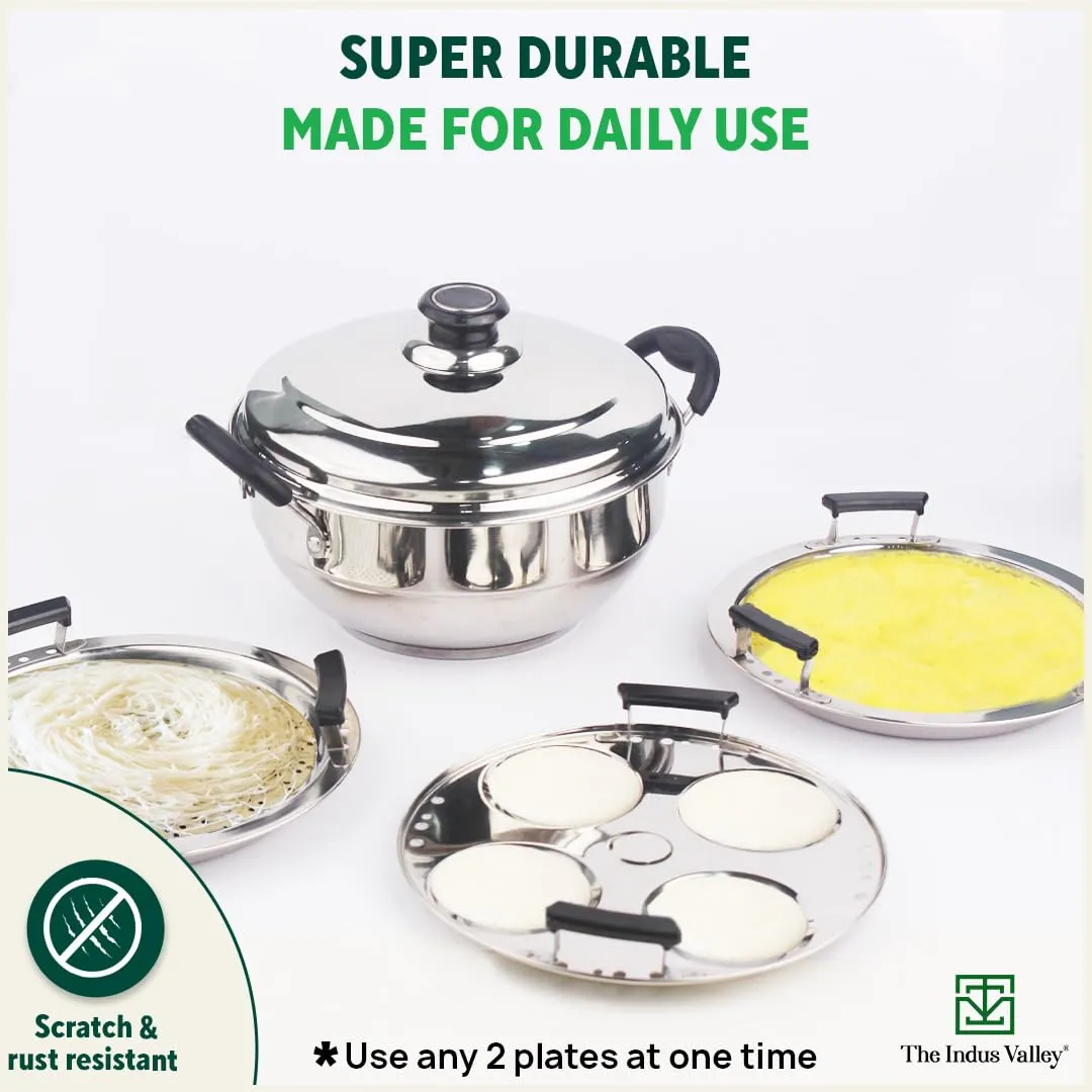 The Indus Valley Stainless Steel Idli/Dhokla/Momo Maker/Multi Pot/Steaming Set | Small, 5 Plates, 23cm/9 inch, 3Ltr, 1.7kg | Nonstick 3-Layer Bottom | Induction friendly, 100% Pure & Toxin-free