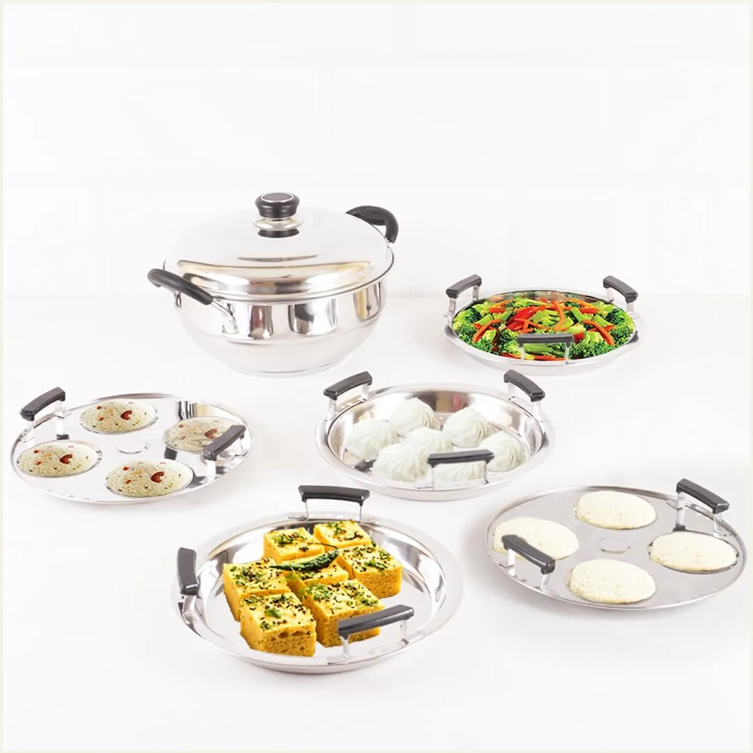 The Indus Valley Stainless Steel Idli/Dhokla/Momo Maker/Multi Pot/Steaming Set | Small, 5 Plates, 23cm/9 inch, 3Ltr, 1.7kg | Nonstick 3-Layer Bottom | Induction friendly, 100% Pure & Toxin-free