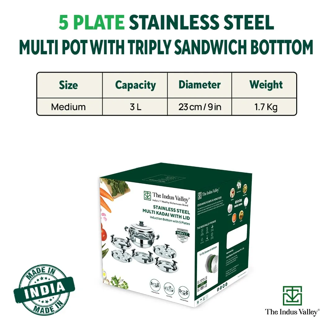 The Indus Valley Stainless Steel Idli/Dhokla/Momo Maker/Multi Pot/Steaming Set | Small, 5 Plates, 23cm/9 inch, 3Ltr, 1.7kg | Nonstick 3-Layer Bottom | Induction friendly, 100% Pure & Toxin-free