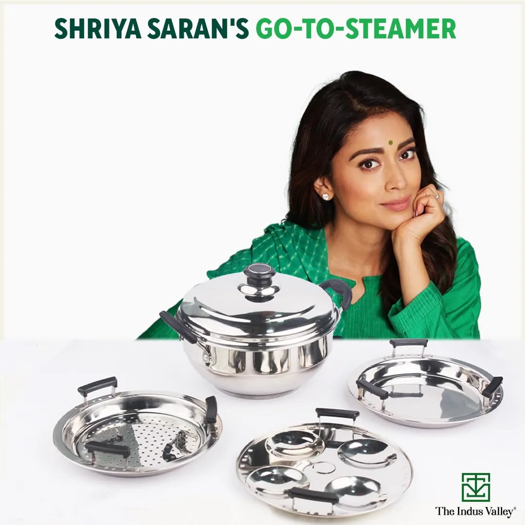 The Indus Valley Stainless Steel Idli/Dhokla/Momo Maker/Multi Pot/Steaming Set | Small, 5 Plates, 23cm/9 inch, 3Ltr, 1.7kg | Nonstick 3-Layer Bottom | Induction friendly, 100% Pure & Toxin-free