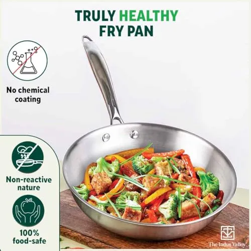 The Indus Valley Triply Stainless Steel Fry Pan with Glass Lid | Large 26cm/10.2 inch, 1.9Ltr, 1.1kg | Induction-Friendly | Nonstick 3-Layer Body, 100% Pure & Toxin-Free