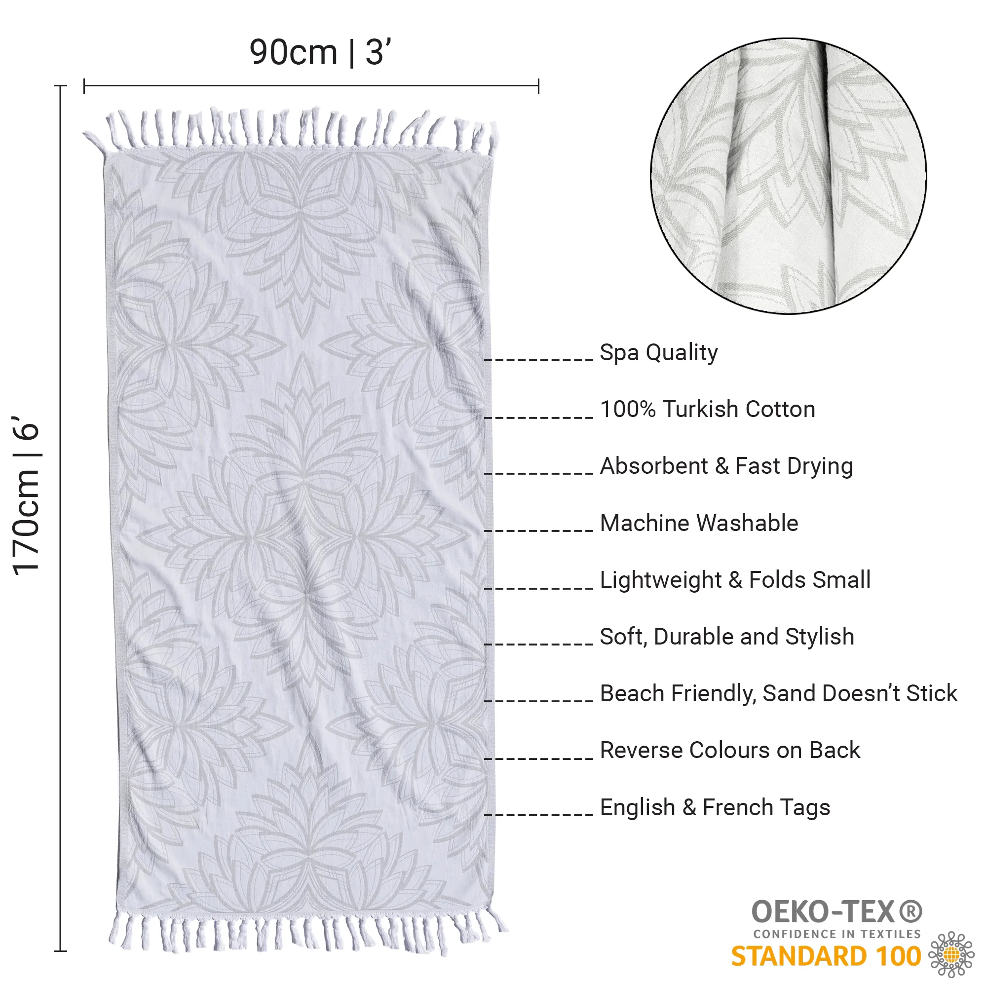 Turkish Cotton Body Towel | Horona in Grey   White