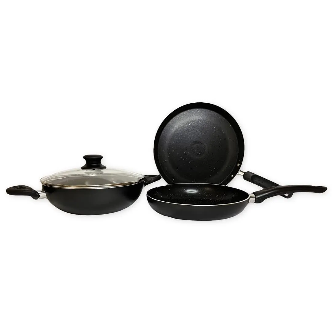 UMAI X SAVYA HOME 3 Piece Non Stick Set | Non Stick Tawa 2.4mm|Non Stick Kadai|Frying Pan Non Stick with Lid | Stove & Induction Cookware| 3 Layer Coating Non Stick Set Combo | 2 Year Warranty - Black