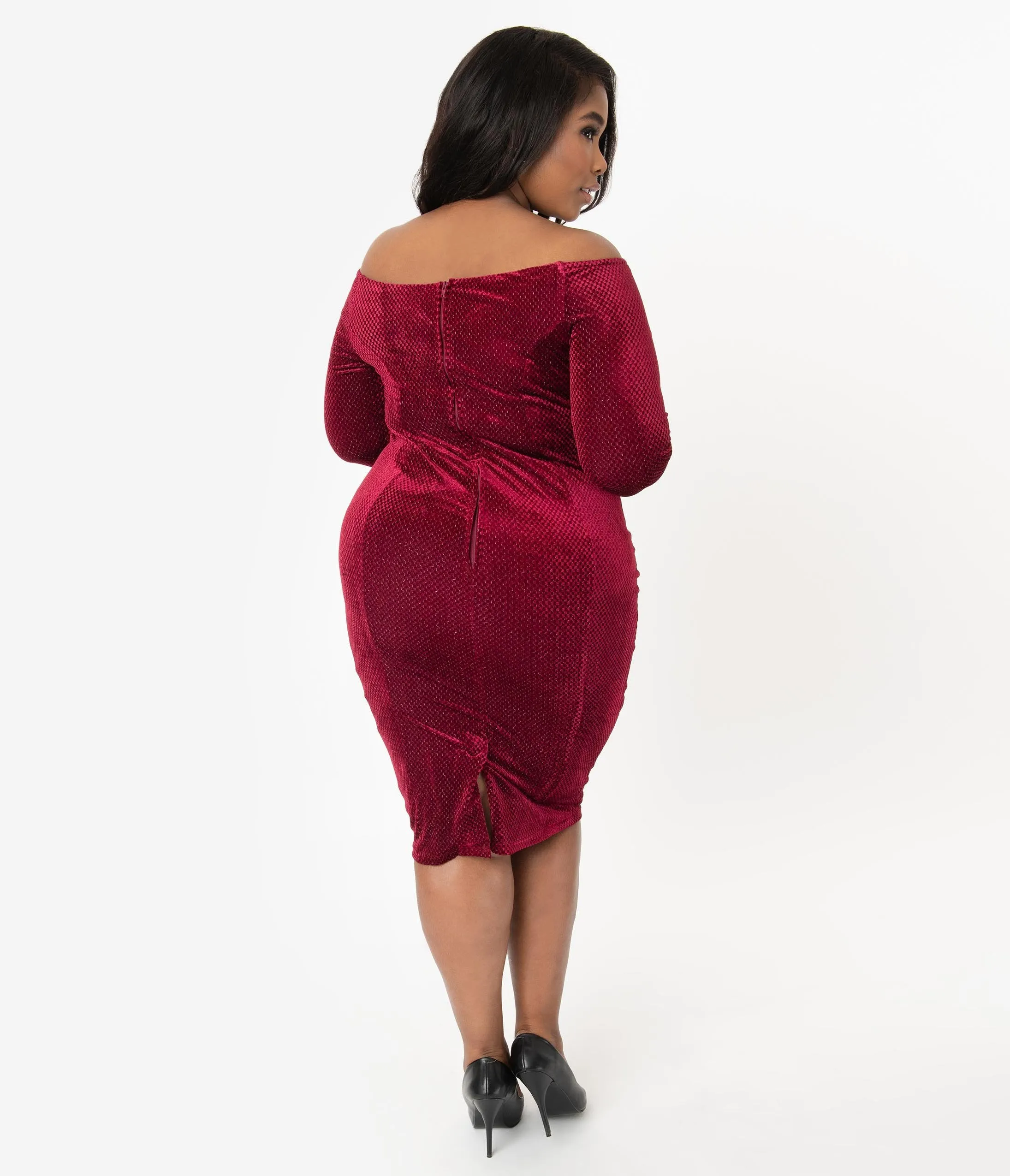 Unique Vintage Plus Size 1960s Burgundy Red Velvet Cape Cod Wiggle Dress