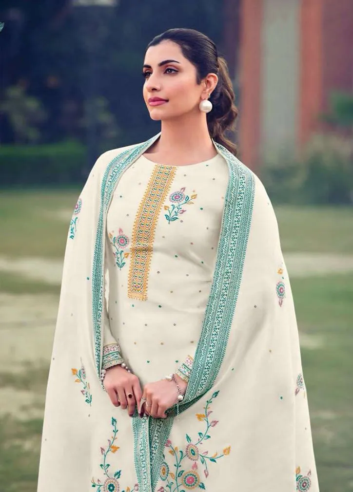 Unstitched White Pashmina Winter Salwar Suit Dress Material for Women