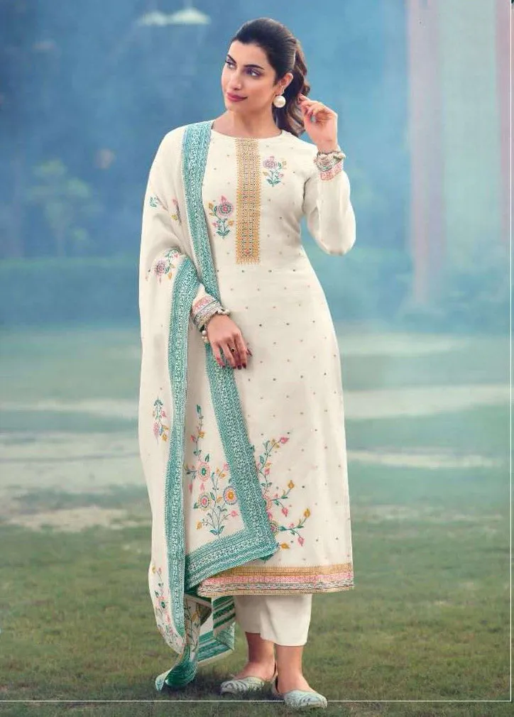 Unstitched White Pashmina Winter Salwar Suit Dress Material for Women