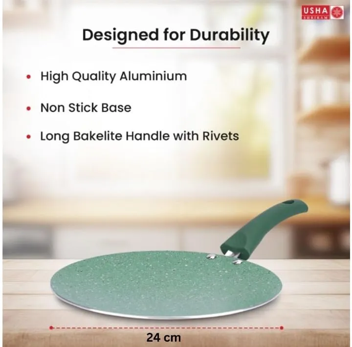 USHA SHRIRAM (24cm Emerald Non Stick Roti Tawa with Riveted Handle | High Grade Aluminium | Scratch Resistant Surface | Nonstick Roti Dosa Tawa | Non Stick Saute Pan | (Green)