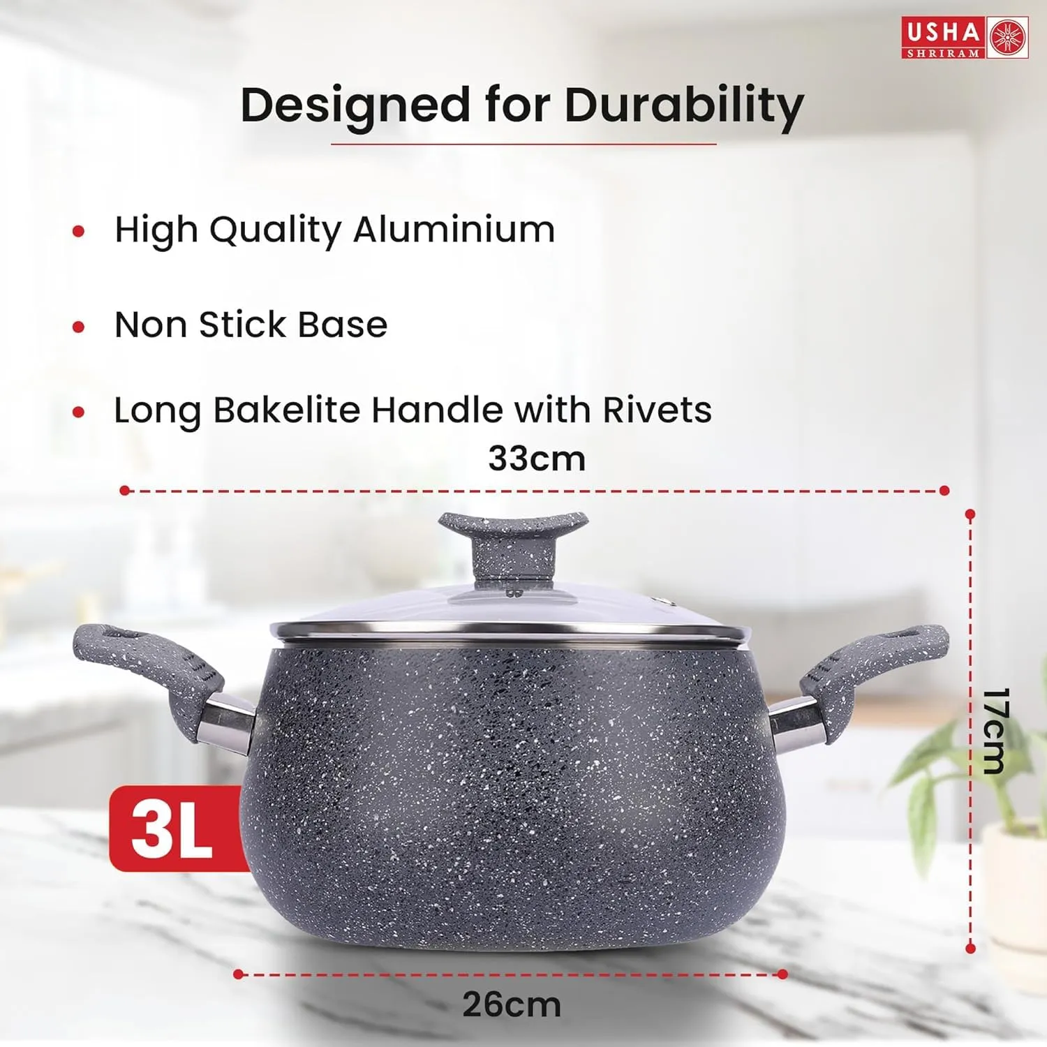 USHA SHRIRAM Grey Non-Stick Cookware Ensemble | 3L Handi with Lid, 18cm Frying Pan, 24cm Roti Tawa, 1L Sauce Pan, 26cm Roti Tawa | Easy Grip Handles|Non-Toxic & Lightweight | Pack of 5