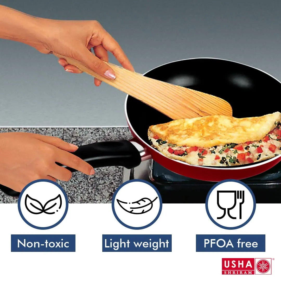 USHA SHRIRAM Non Stick Frying Pan (22cm, 26cm) | Large Stove & Induction Cookware | Minimal Oil Cooking | Easy Grip Handle | 3 Layer Non Stick Coating | Non-Toxic & Lightweight | Red