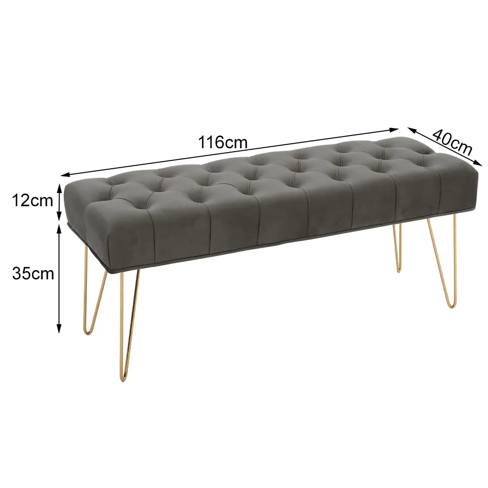 Velvet Upholstered Bench Buttoned Footstool with Gold Hairpin Legs