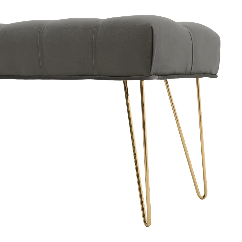 Velvet Upholstered Bench Buttoned Footstool with Gold Hairpin Legs