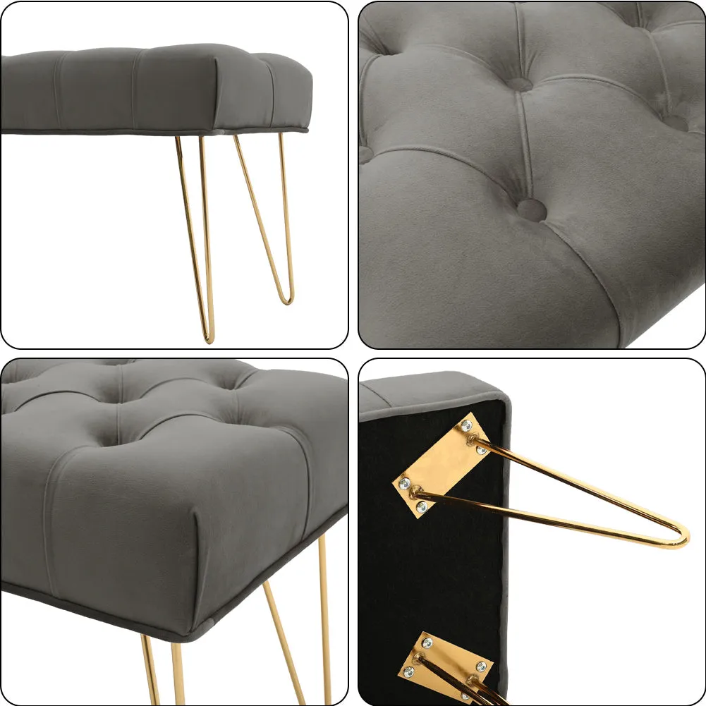 Velvet Upholstered Bench Buttoned Footstool with Gold Hairpin Legs