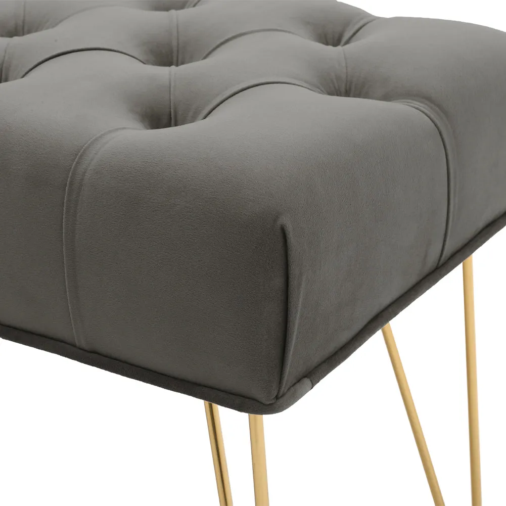 Velvet Upholstered Bench Buttoned Footstool with Gold Hairpin Legs