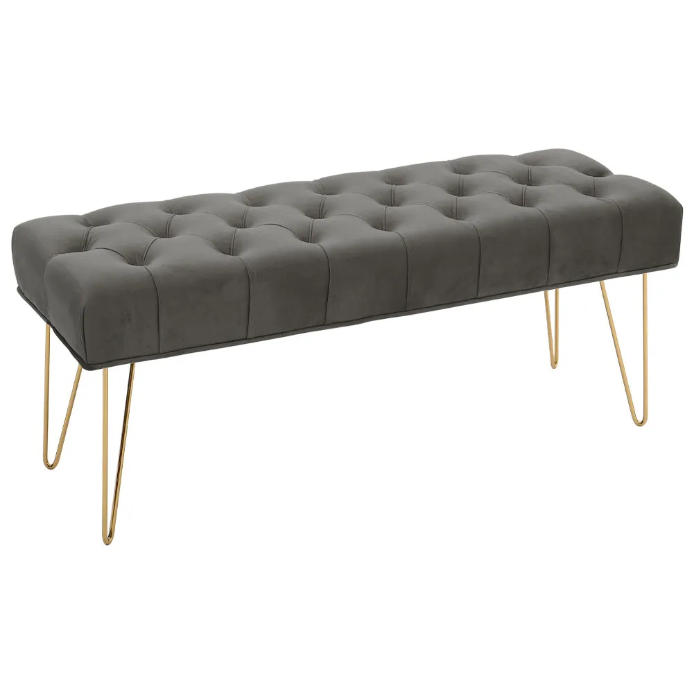 Velvet Upholstered Bench Buttoned Footstool with Gold Hairpin Legs