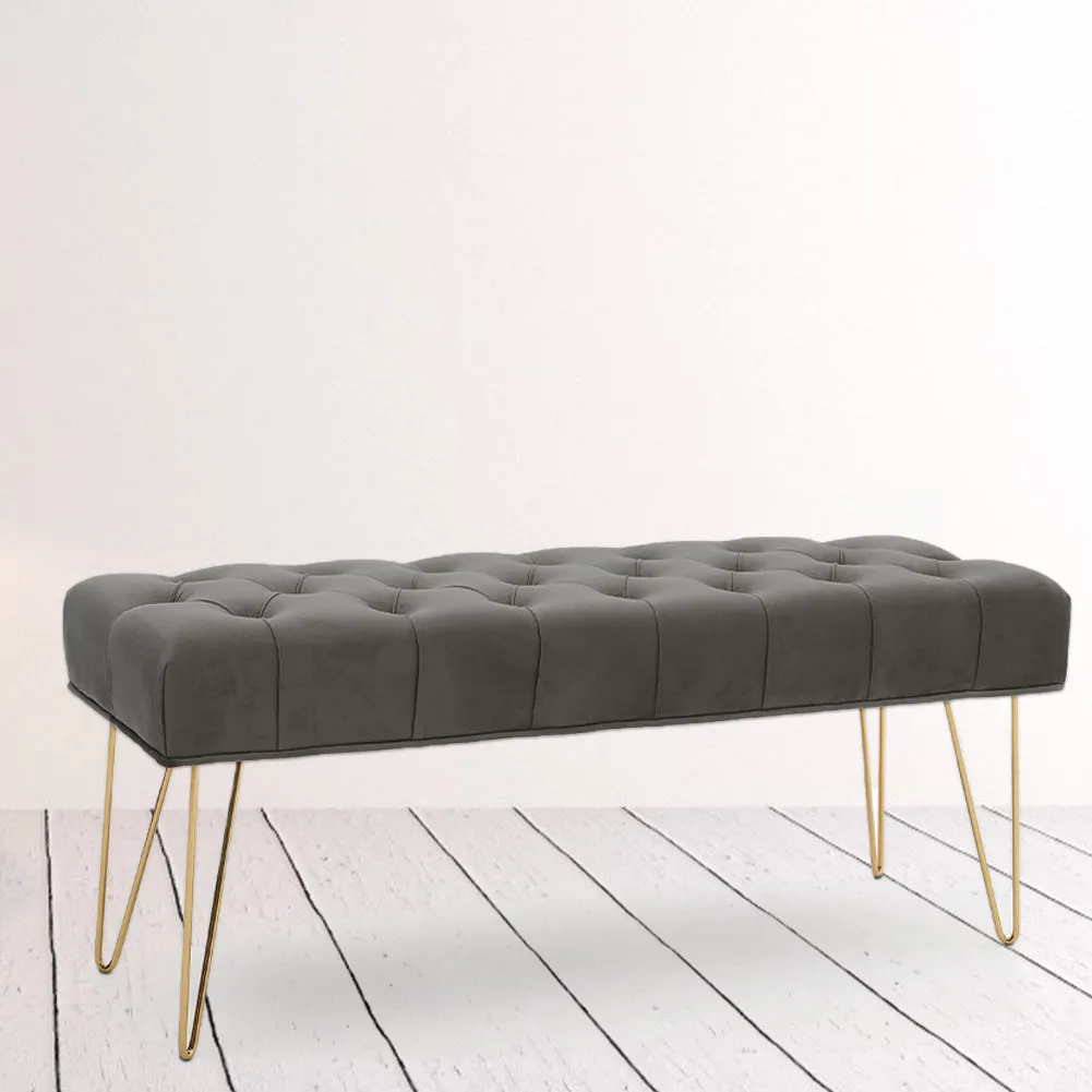 Velvet Upholstered Bench Buttoned Footstool with Gold Hairpin Legs