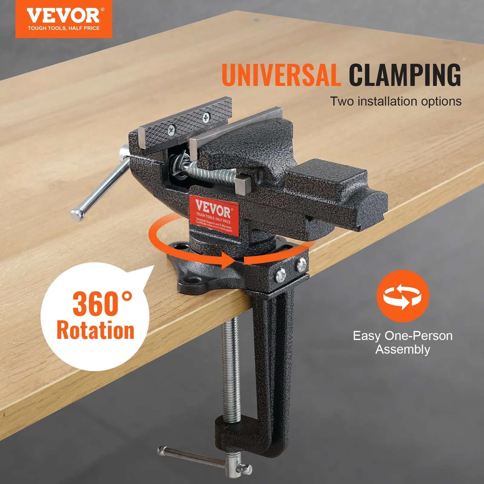 VEVOR Bench Vise, 2.2 inch Dual-Purpose Table Vise for Workbench, Clamp-on Vise with Multifunctional Jaw and 360° Swivel Base, for Woodworking, Workshop DIY Uses