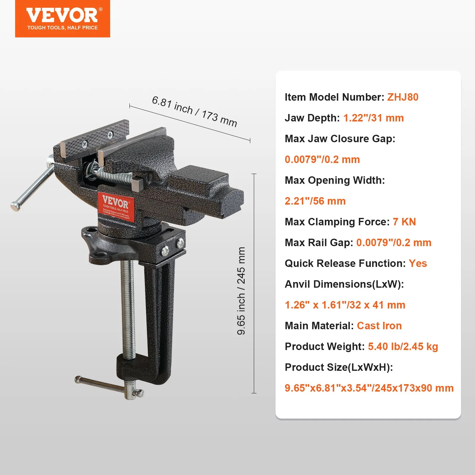 VEVOR Bench Vise, 2.2 inch Dual-Purpose Table Vise for Workbench, Clamp-on Vise with Multifunctional Jaw and 360° Swivel Base, for Woodworking, Workshop DIY Uses