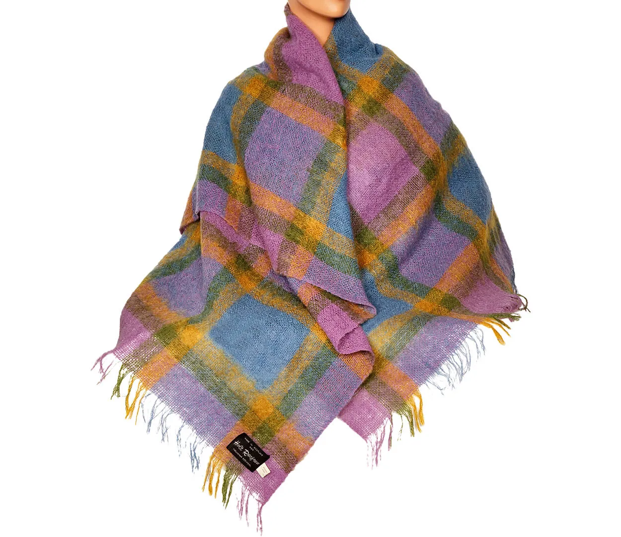 Vintage Scottish Mohair Shawl Plaid Throw Blanket Holt Renfrew 54” x 68”