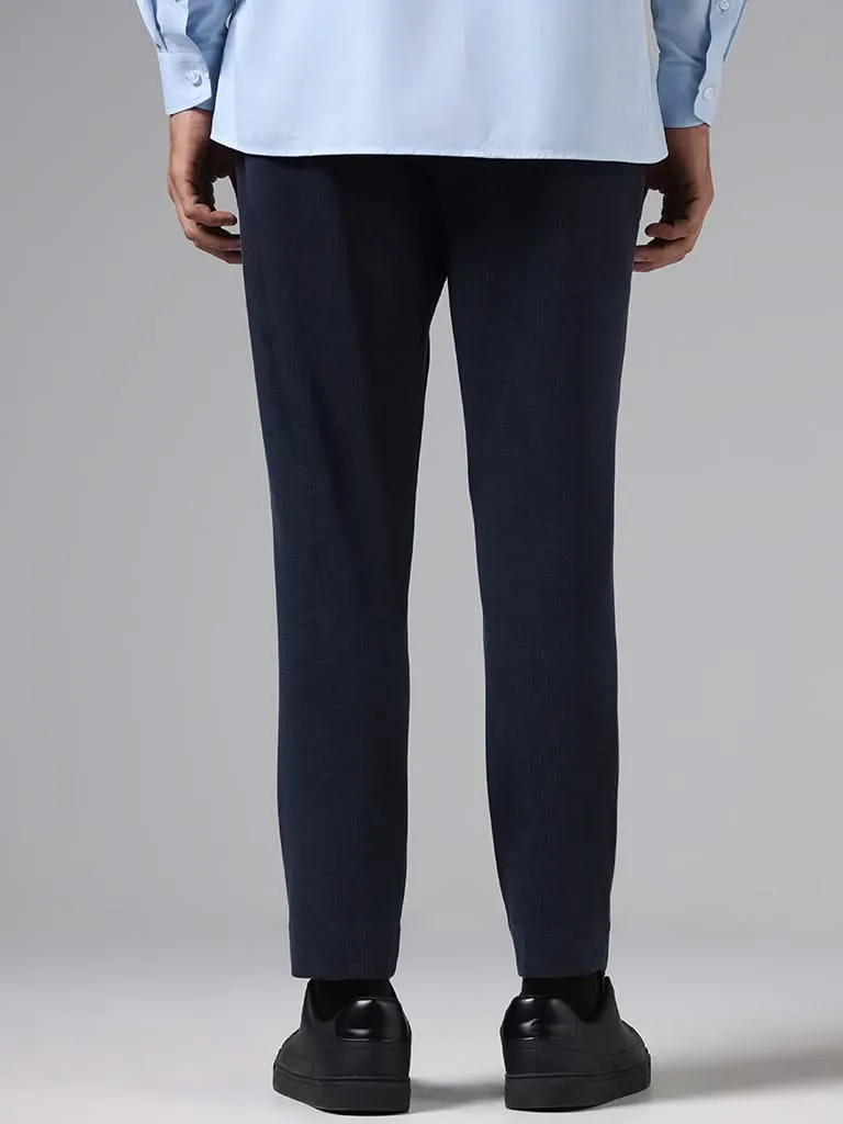 WES Formals Navy Self Textured Slim-Fit Mid-Rise Trousers