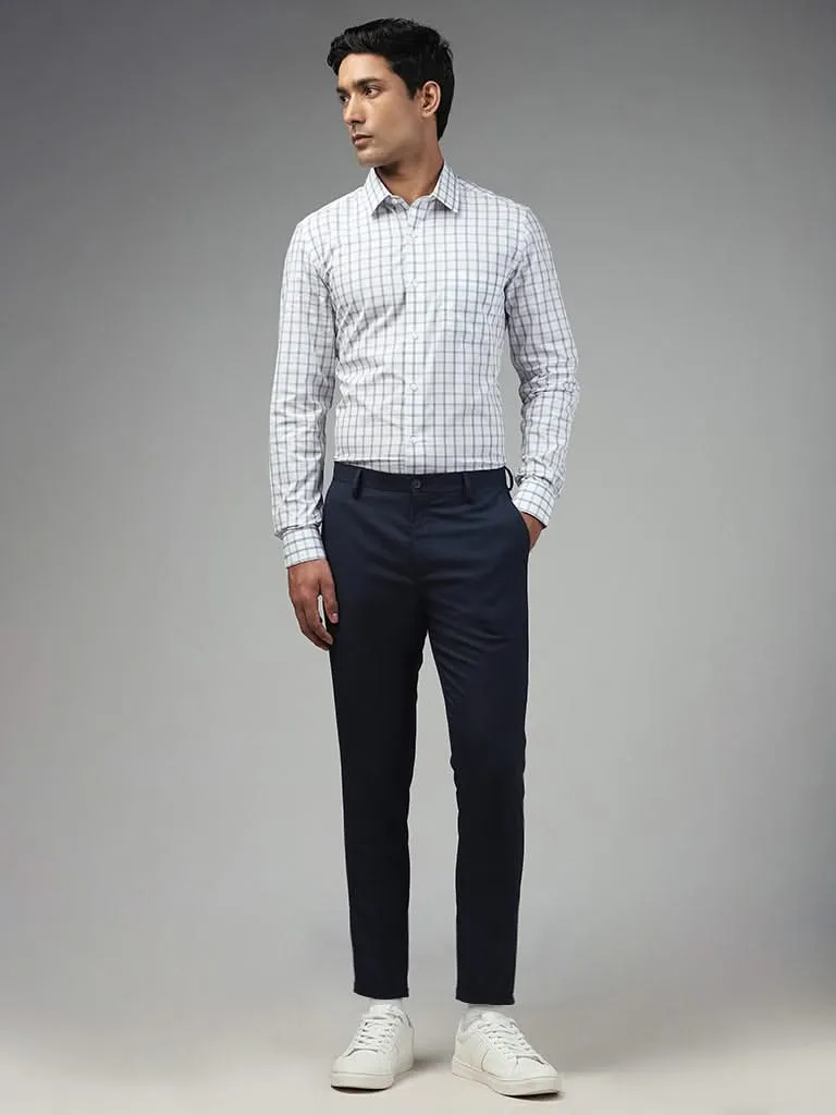 WES Formals Solid Navy Blue Slim-Fit Mid-Rise Trousers