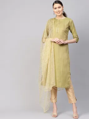 Women Green & Beige Solid Kurta With Trousers & Dupatta