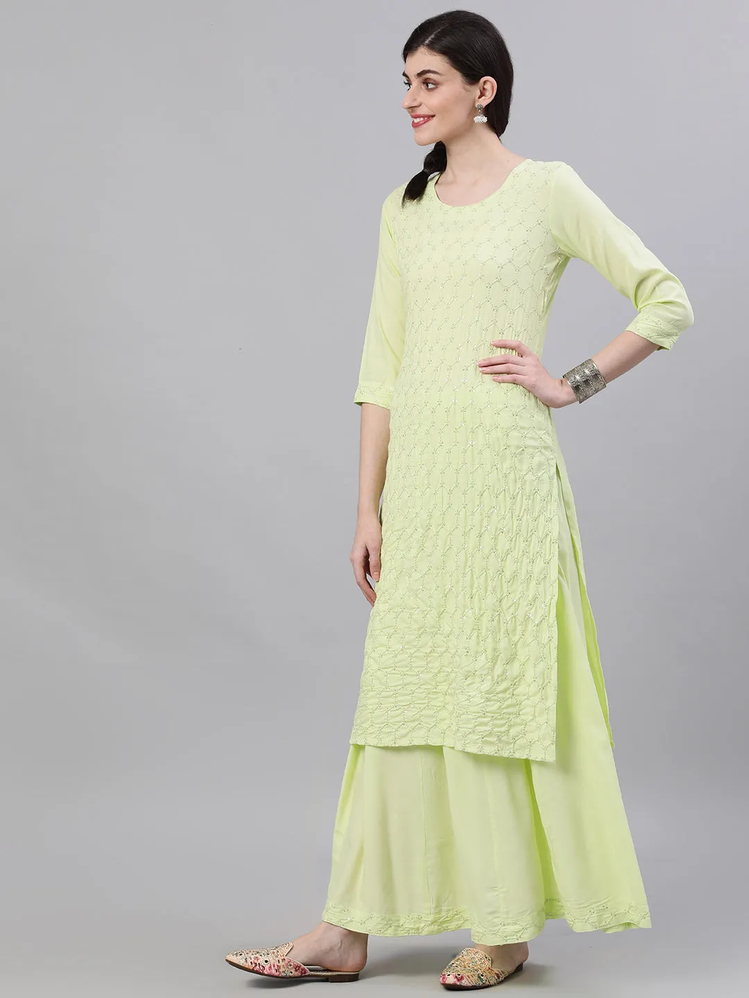 Women Lime Yellow Three-Quarter Sleeves Straight Kurta Skirt Set With Dupatta