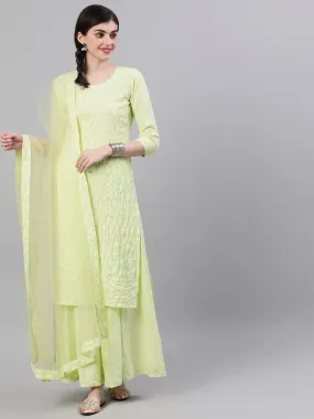 Women Lime Yellow Three-Quarter Sleeves Straight Kurta Skirt Set With Dupatta