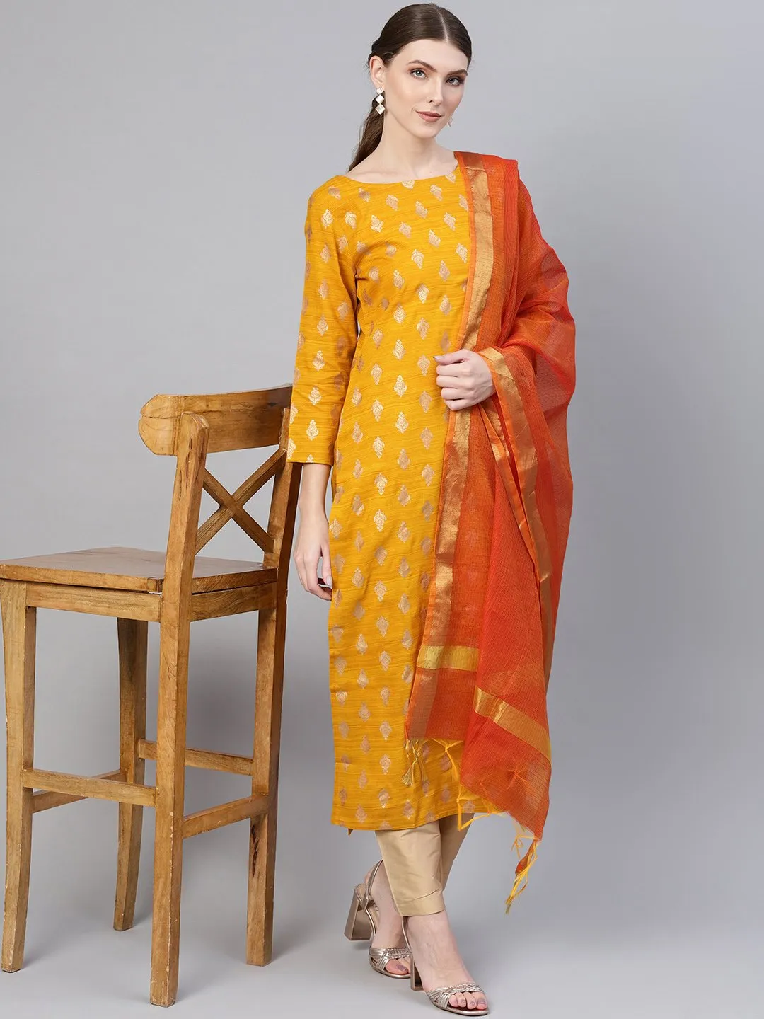 Women Mustard Yellow & Golden Printed Kurta With Trousers & Dupatta