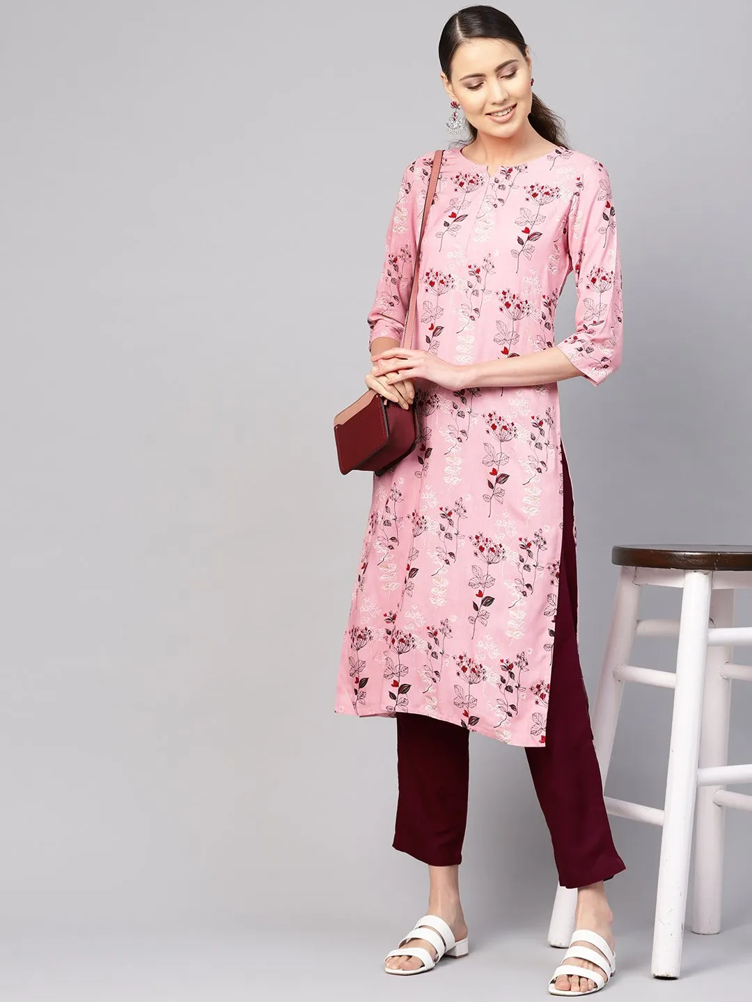 Women Pink & Burgundy Printed Kurta With Trousers