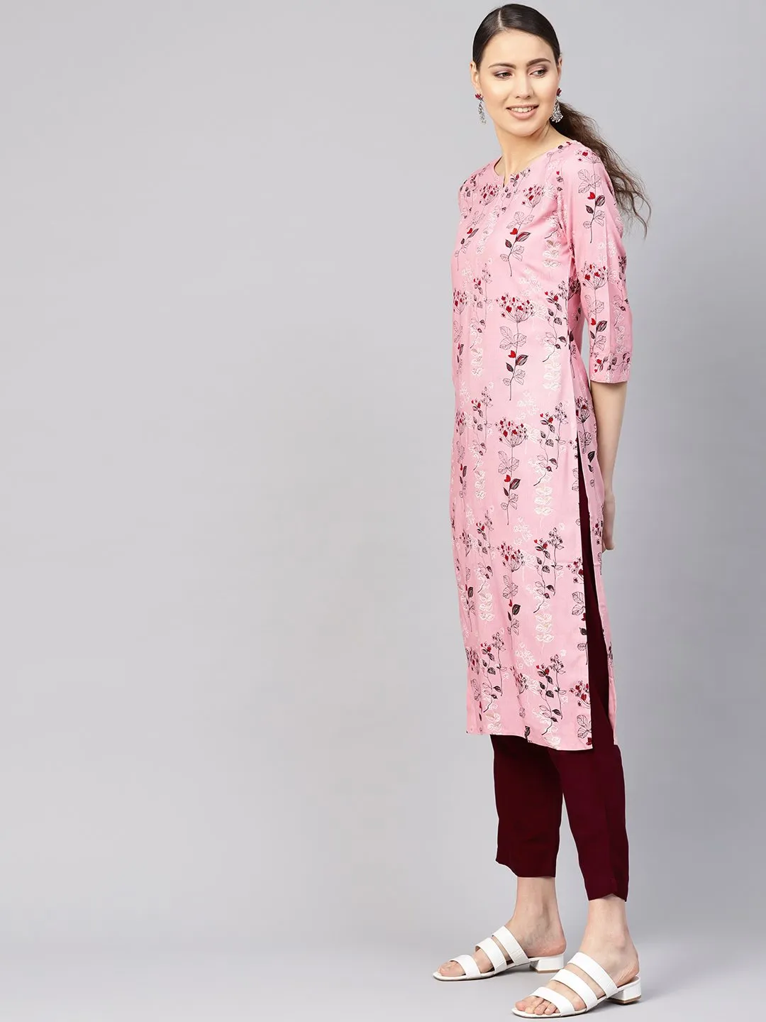 Women Pink & Burgundy Printed Kurta With Trousers