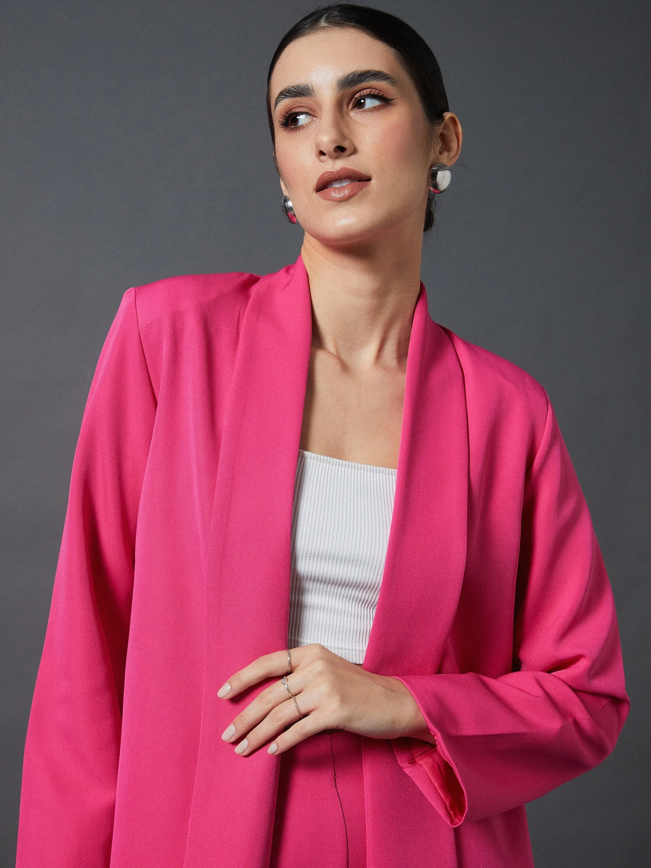 Women Pink Shawl Collar Blazer With Balloon Fit Pants