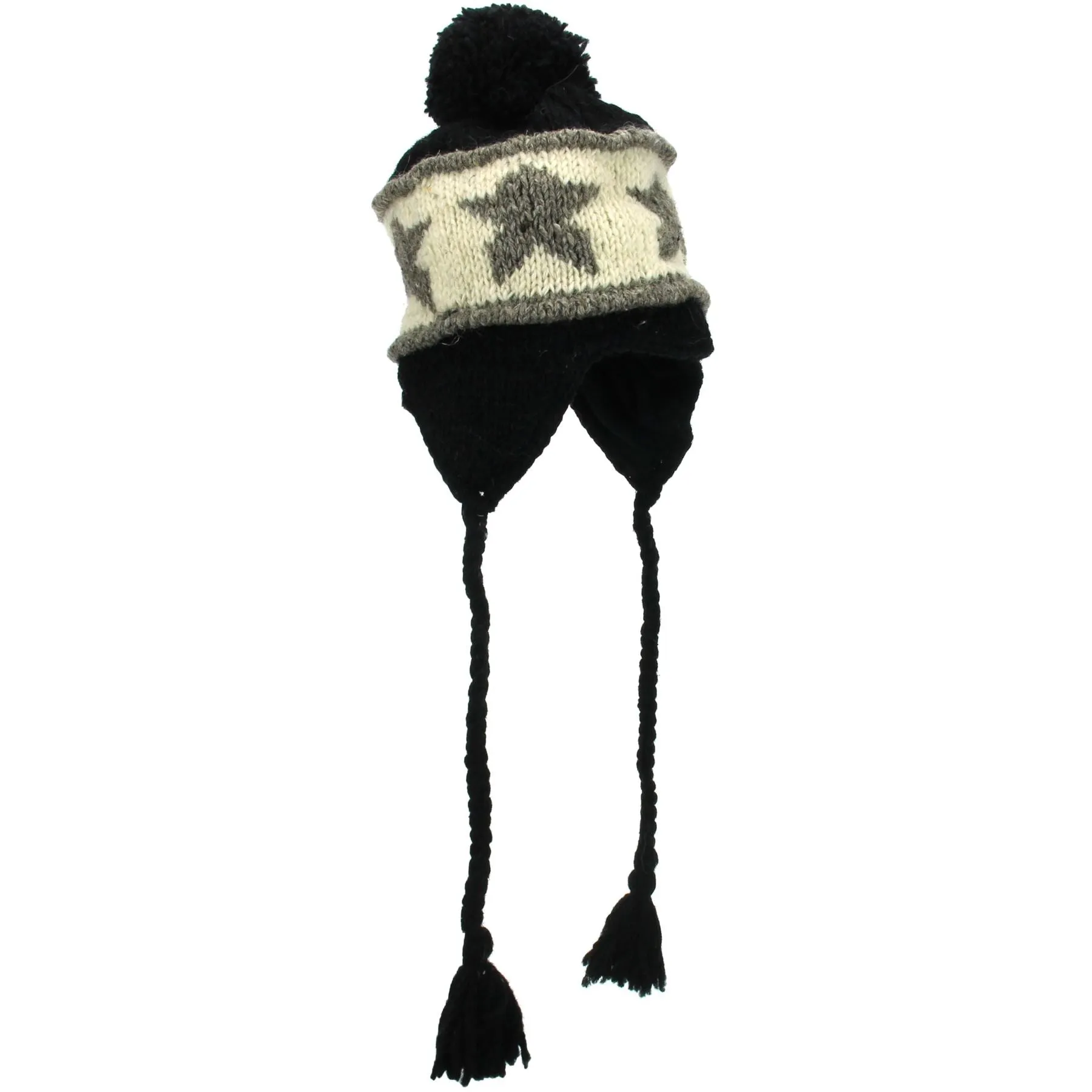 Wool Knit Earflap Bobble Hat - Star Black